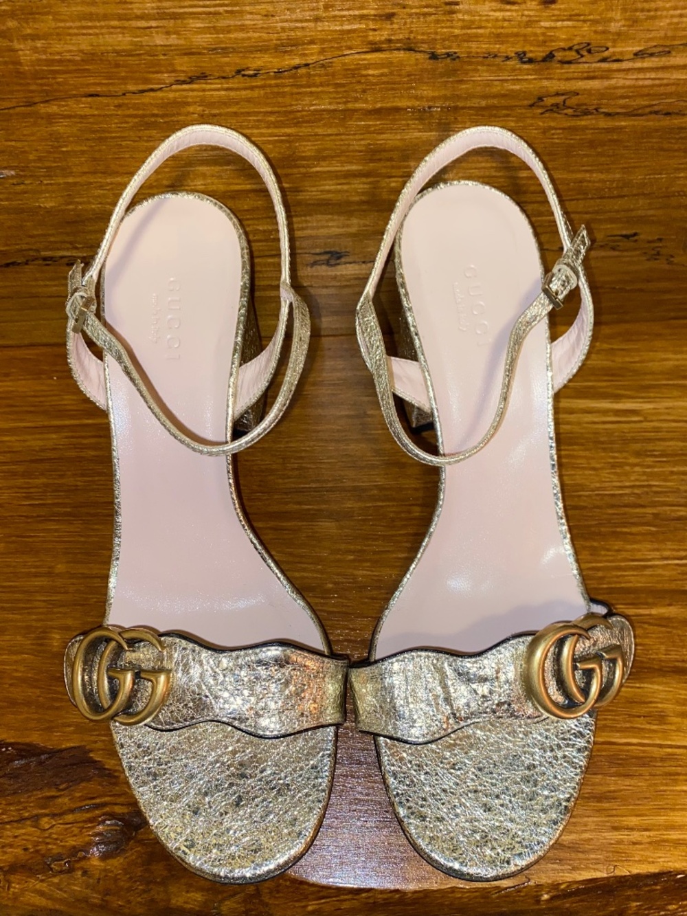 **Gucci GG Marmont Gold Block Heel Sandals – Size 38.5**